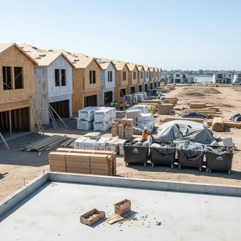 River Islands construction site with workers and materials, highlighting pest challenges.