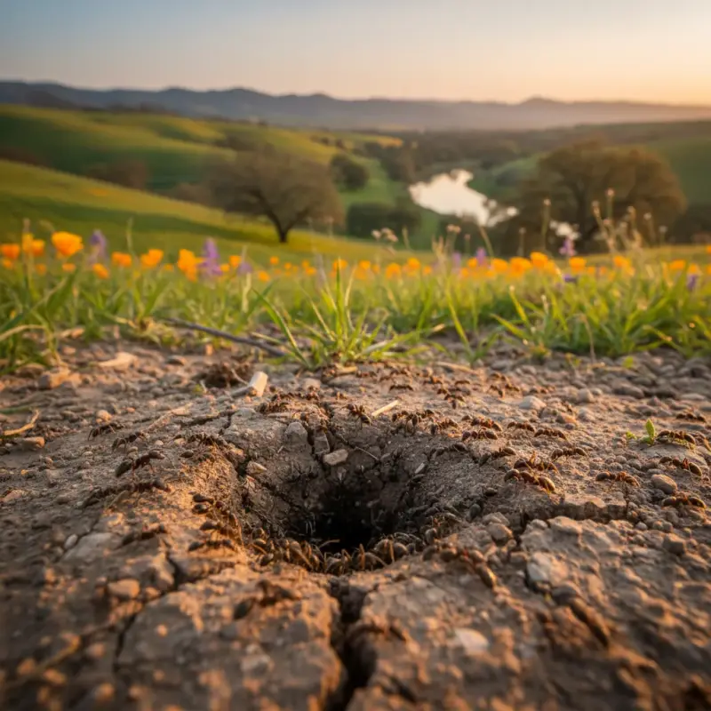 Ants emerging from a nest under spring sunlight.