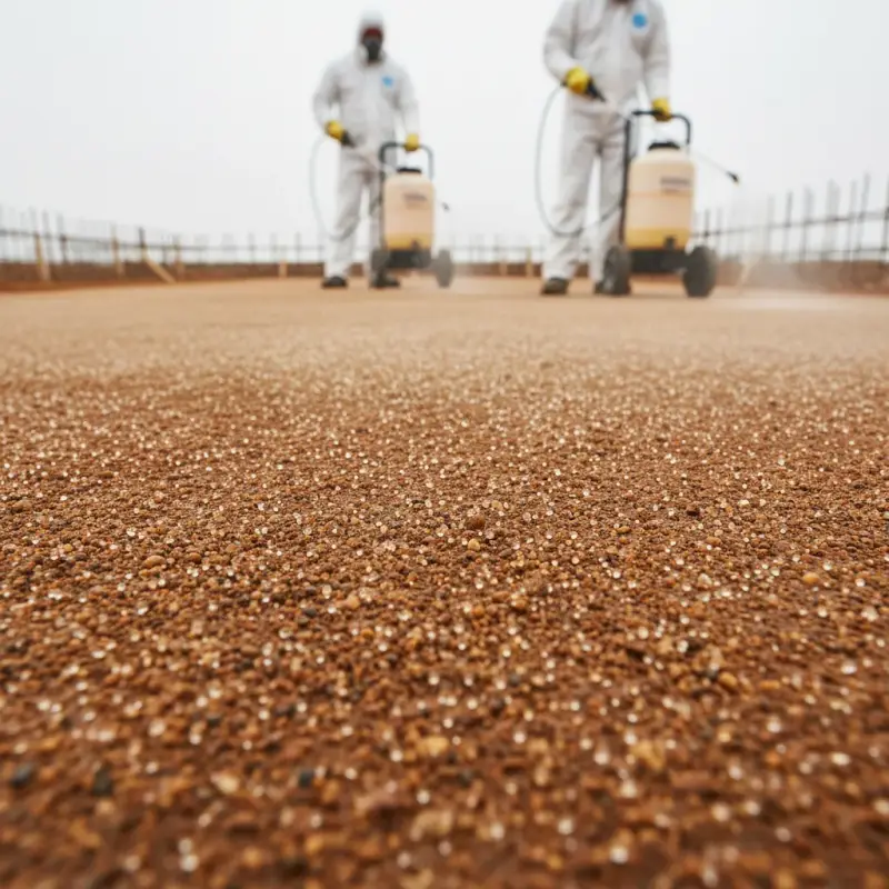 Workers treating soil to prevent termite colonies before foundation pour.