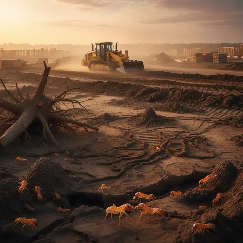 Disturbed soil at a construction site with machinery increasing termite risks.
