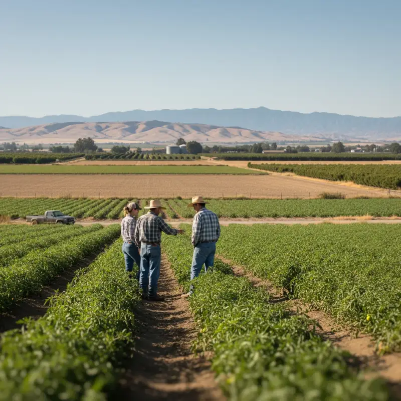 Farmers in Central Valley inspecting crops under clear skies.