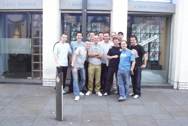 photograph of steve parry with the 3 beat records crew with sasha