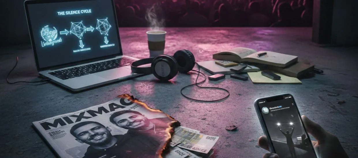 Infographic titled The Cycle of Silence illustrating the financial flow in the dance music industry between high-fee DJs, PR agencies like Jukebox, and major publications like Mixmag, exposing the lack of independent journalism