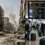 A split-screen graphic showing a destroyed city street with rubble and smoke alongside a touring DJ stranded in an airport looking at a departure board displaying cancelled flights to the Middle East and Ibiza. Middle east ceasefire collapse