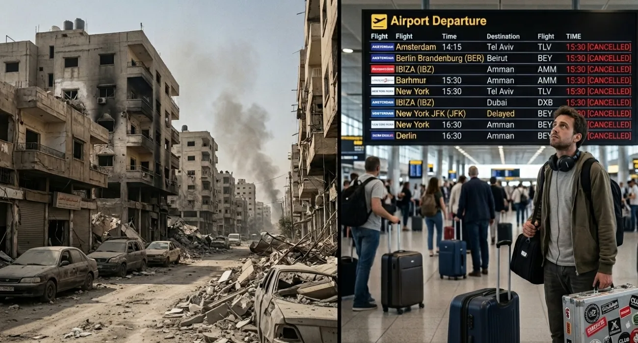 A split-screen graphic showing a destroyed city street with rubble and smoke alongside a touring DJ stranded in an airport looking at a departure board displaying cancelled flights to the Middle East and Ibiza. Middle east ceasefire collapse