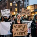 UK Protest Surveillance: Crowd of activists at night with facial recognition overlays, drones and digital targeting markers illustrating how protest attendance now triggers state biometric tracking and MI5 profiling.
