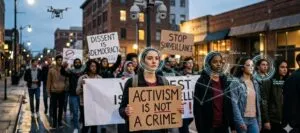 UK Protest Surveillance: Crowd of activists at night with facial recognition overlays, drones and digital targeting markers illustrating how protest attendance now triggers state biometric tracking and MI5 profiling.