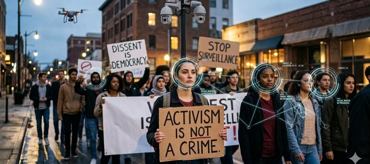 UK Protest Surveillance: Crowd of activists at night with facial recognition overlays, drones and digital targeting markers illustrating how protest attendance now triggers state biometric tracking and MI5 profiling.