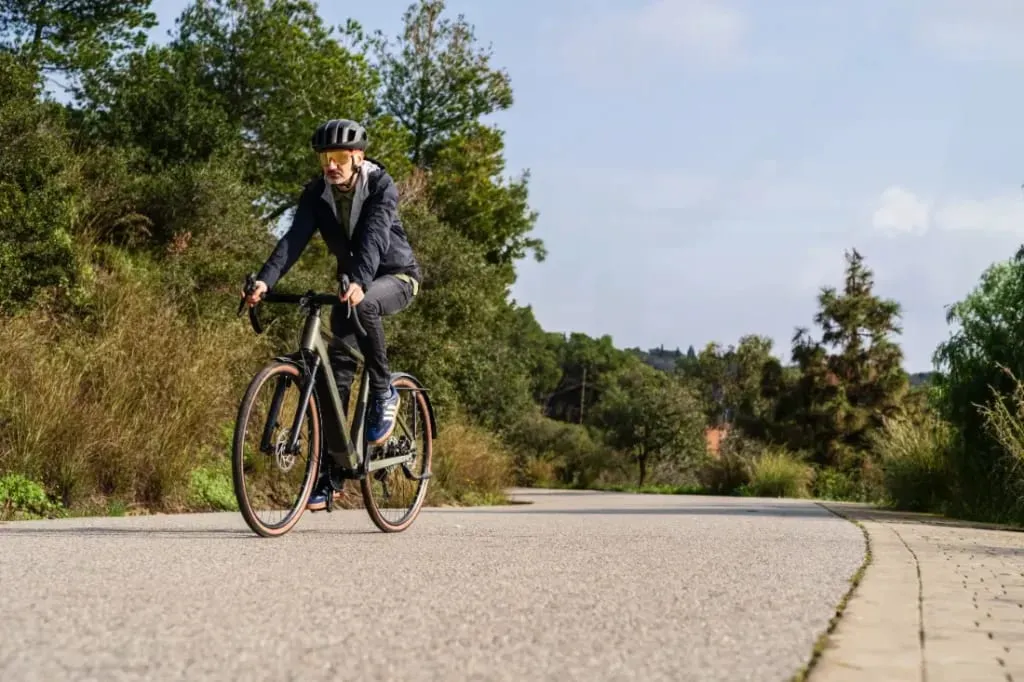 Pasear en una bicicleta Riese & Müller por una carretera asfaltada rodeada de frondosos árboles y vegetación bajo un cielo despejado ofrece una emocionante escapada del ajetreo urbano.