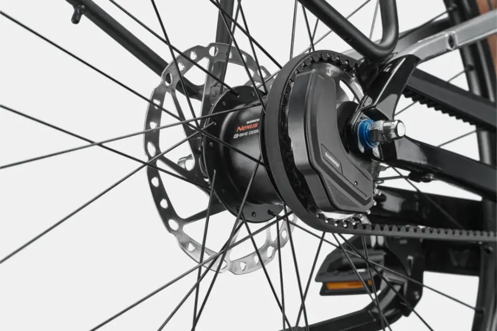 Primer plano de una rueda trasera de bicicleta Cannondale FlyingV que muestra el rotor del freno de disco y el buje negro con el mecanismo de engranaje acoplado.