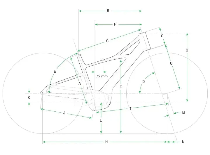 Diagrama técnico de un cuadro de bicicleta con medidas geométricas etiquetadas y flechas que indican las dimensiones.