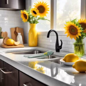The Importance of Post-Construction Cleaning 5 Spotless kitchen interior with sunflowers and an individual deep cleaning the sink. Clean4u