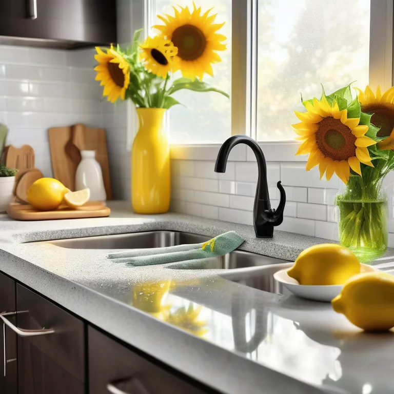 Spotless kitchen interior with sunflowers and an individual deep cleaning the sink. Clean4u