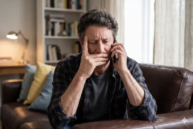 Worried man on a phone call, pressing hand to forehead.