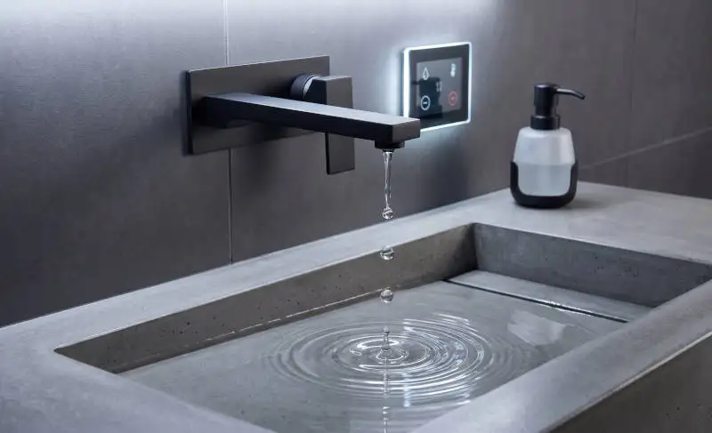 Drops from a chrome faucet into a white sink, creating circular ripples.