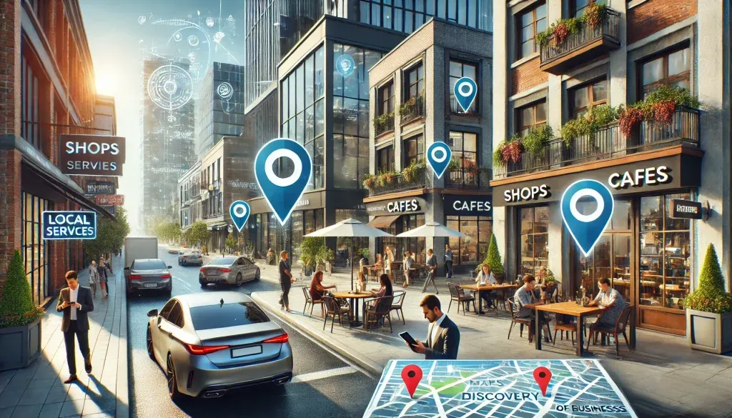 Urban scene with cafes and location icons.