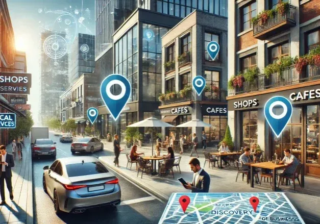 Urban scene with cafes and location icons.