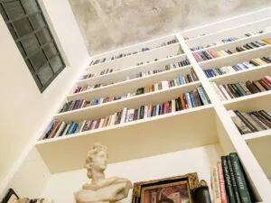 Tall white bookshelves filled with books, a classical bust and framed art in the foreground — Why were the apocrypha books of the Bible removed? Unveiling the truth