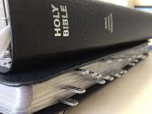 Discover the Meaning of Col 3:5-16 - Which Book of the Bible? Close-up of a black Holy Bible with labeled index tabs ready for study and reference.