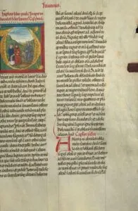 Illuminated medieval manuscript page with a gilded initial depicting three robed figures and dense Latin columns, suitable for The Ultimate Guide to Understanding the Bible for Kids: Parts and Meanings Explained.