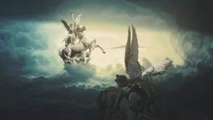 Angelic horsemen and a lone winged figure in stormy clouds, evoking apocalyptic prophecy: What Does the Bible of World War 3 Predict? Find Out Now!