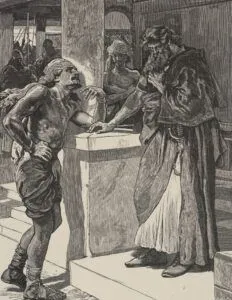 Black-and-white engraving of a tense exchange at a lectern between a muscular supplicant and a robed elder, Unveiling the Mysterious Thoughts of William Shakespeare's Bible.