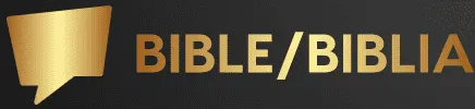 Logotipo dorado "Bible/Biblia" con icono de bocadillo de diálogo sobre fondo oscuro con tipografía dorada.