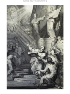 Grabado bíblico en blanco y negro con figuras en un tribunal sagrado y un ángel iluminando la escena, What Does the World War Bible Say? Shocking Revelations Inside!