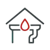 Wasserinstallation- oder Leckage-Icon Haus mit Wasserleitung und rotem Tropfen – Symbol für Sanitär oder Wasserschäden
