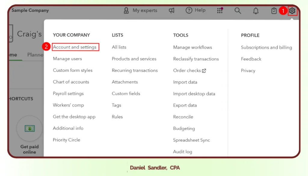 Navigating to Account and Settings in QuickBooks Billable Expenses via the gear icon and dropdown menu.