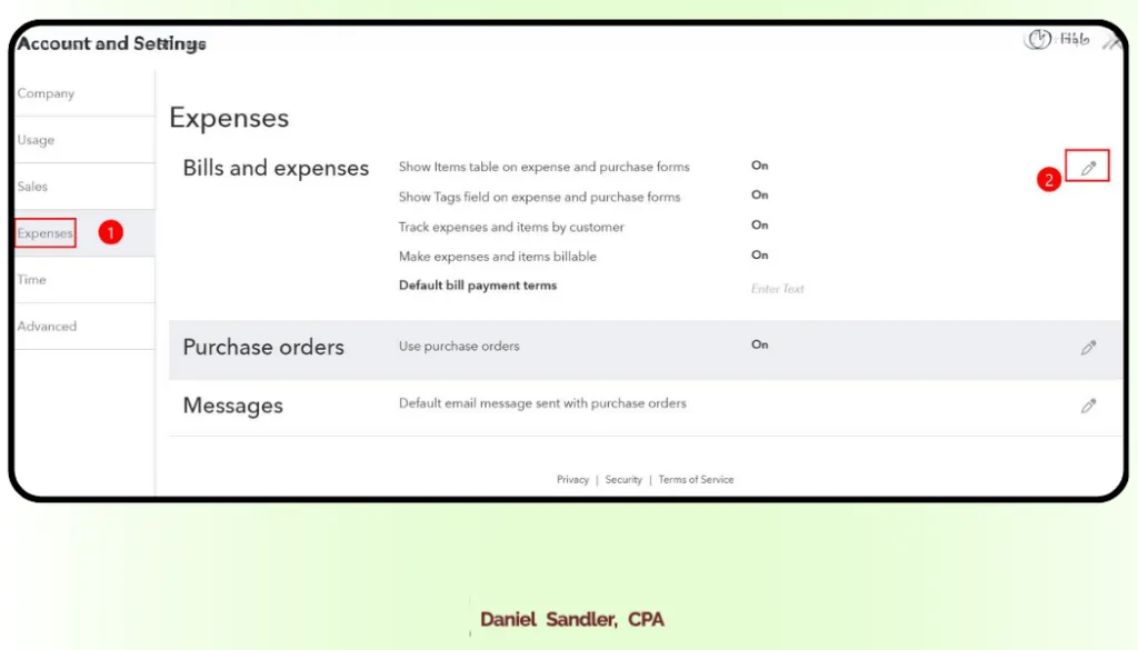 Editing expense settings in QuickBooks by navigating to the Expenses section and clicking the pencil icon.