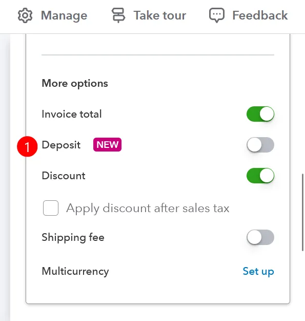 QuickBooks Online 2024 Invoice Layout - New Deposit Feature with options for Invoice total, Deposit, Discount, Shipping fee, and Multicurrency