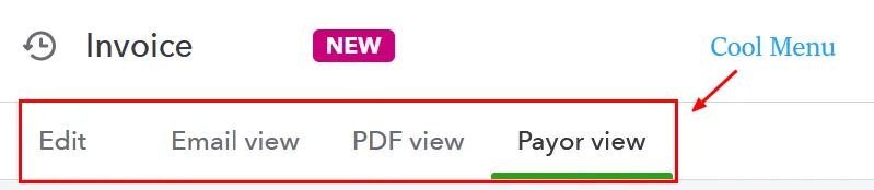 QuickBooks Online 2024 Invoice Layout Menu with options for Edit, Email view, PDF view, and Payor view