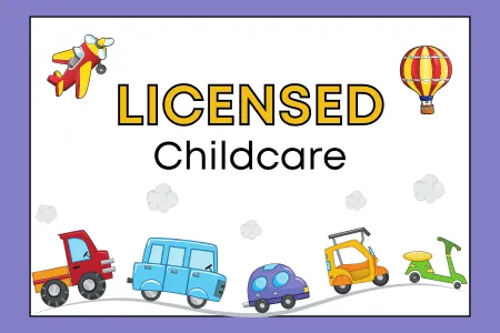 Illustration with colorful vehicles and the text 'Licensed Childcare,' symbolizing a playful and safe environment for children.