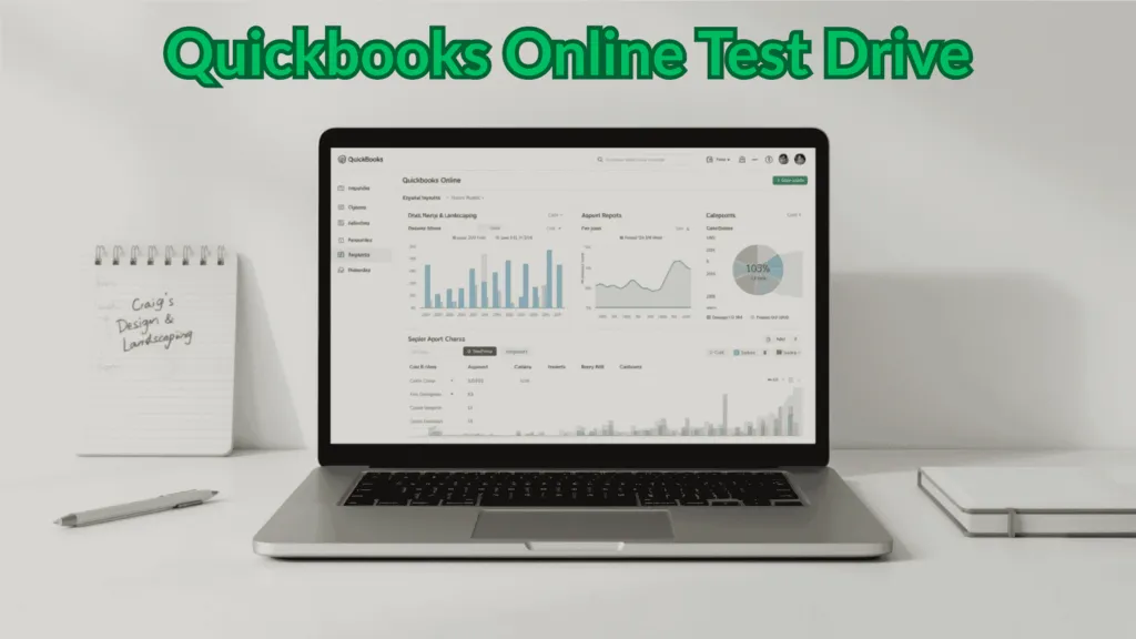 Laptop displaying QuickBooks Online Test Drive walkthrough dashboard with financial charts, notebook labeled Craig’s Design & Landscaping, used to represent the Test Drive demo company.