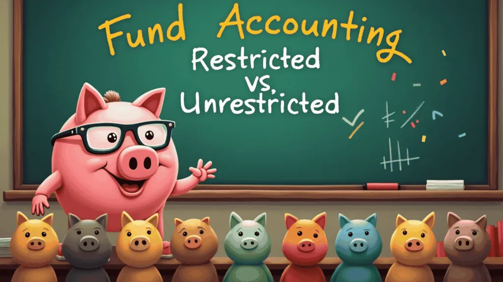 A cheerful, bespectacled cartoon pig stands in front of a chalkboard that says "Fund Accounting: Restricted vs. Unrestricted." Below, a row of smaller, colorful piggy banks are lined up. This image visually represents the concept of master fund accounting and its key distinctions.