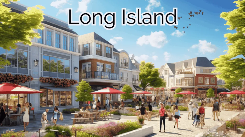 People enjoying a vibrant Long Island town center, showcasing the thriving industries in Long Island such as retail, real estate, and tourism.