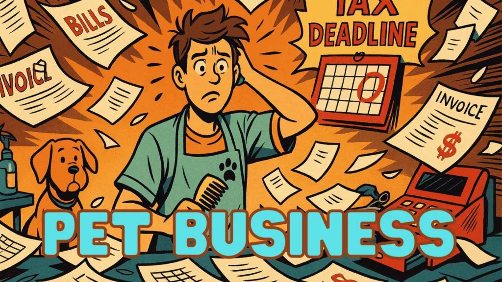 Comic-style illustration of a stressed pet groomer surrounded by invoices, bills, and tax deadline reminders—representing the chaos of poor bookkeeping for pet businesses.