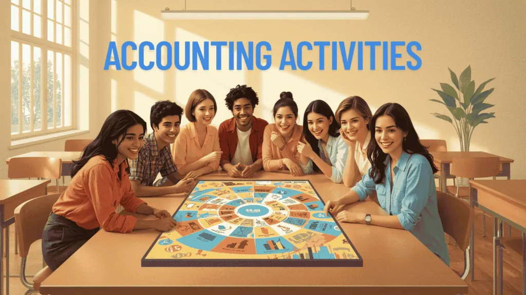 Students gathered around a colorful accounting-themed board game in a classroom, actively participating. Engaging accounting students..