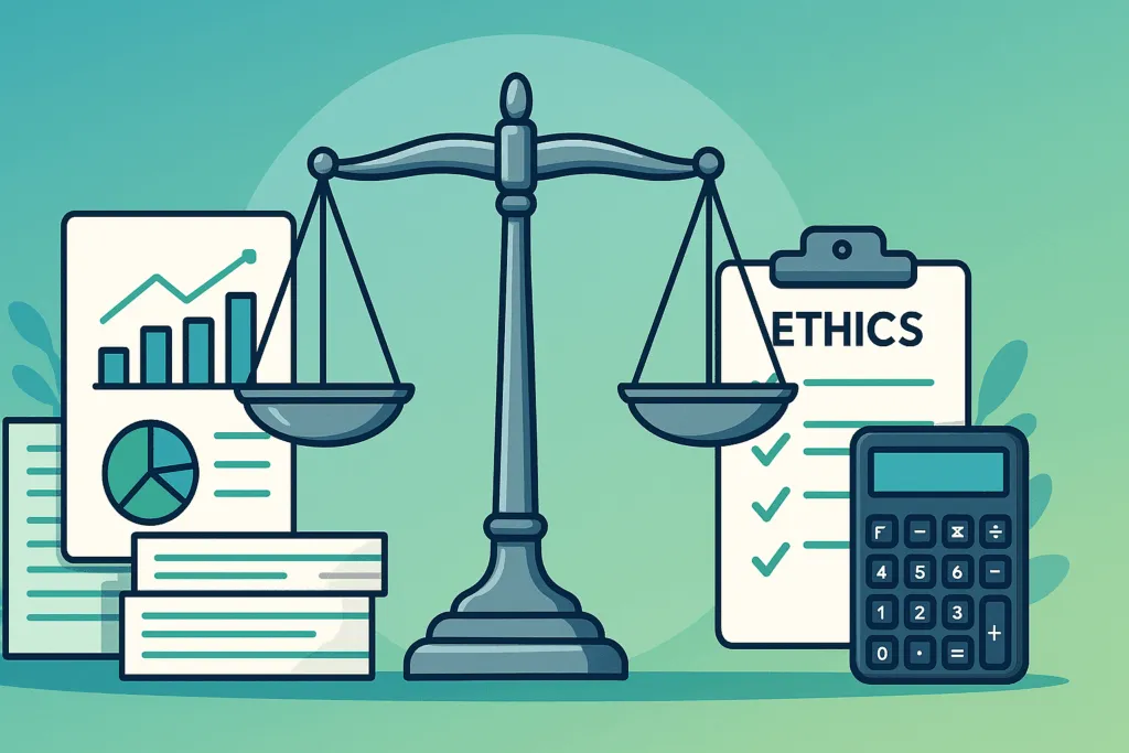 Balanced scale with calculator, financial reports, and ethics in accounting checklist symbolizing ethics in accounting