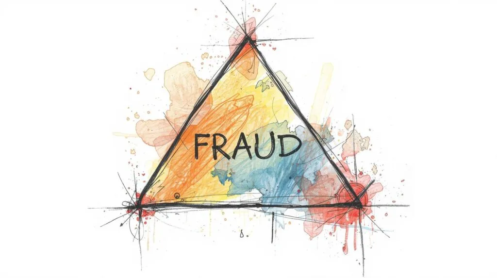 Watercolor illustration of the fraud triangle, a concept in forensic accounting that explains how pressure, opportunity, and rationalization contribute to fraud triangle.