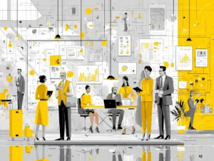 Illustration of accountants and auditors collaborating in an office filled with charts and data dashboards, representing internal controls in accounting systems that safeguard assets, ensure accuracy, and promote ethical financial reporting.