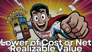 Cartoon superhero labeled “Lower Cost” holding colorful boxes representing inventory valuation under the lower of cost or net realizable value accounting rule.