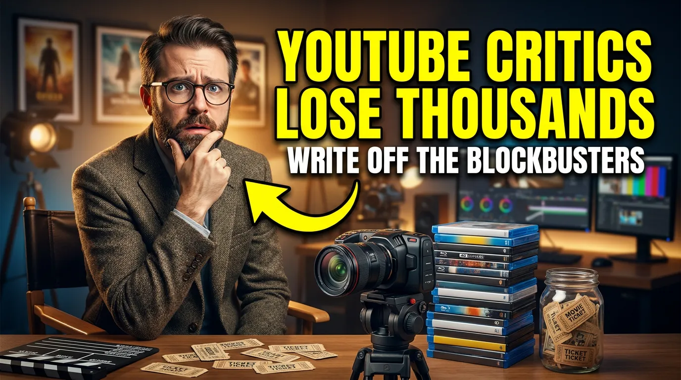 Bold thumbnail with film critic and 'YOUTUBE CRITICS LOSE THOUSANDS' text, illustrating YouTube AdSense tax deductions.
