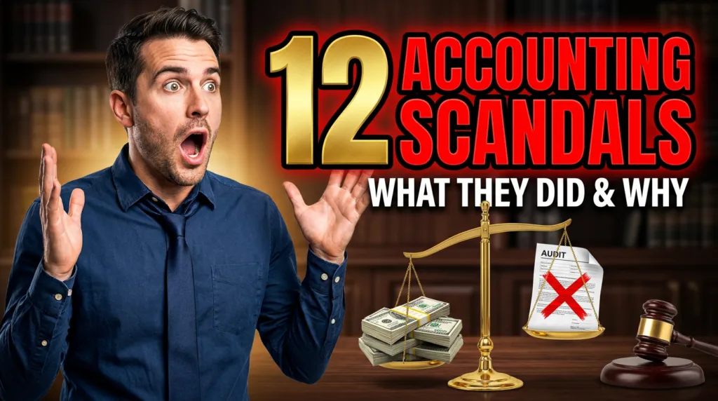 Bold thumbnail with shocked accountant and '12 ACCOUNTING SCANDALS' text, illustrating accounting ethics case studies.