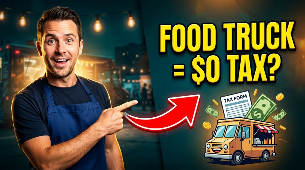 Bold thumbnail with food truck owner pointing at 'FOOD TRUCK = $0 TAX?' text, illustrating Section 179 Deduction for Food Truck Owners