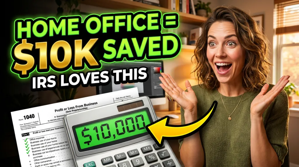 Thumbnail with excited freelancer and 'HOME OFFICE = $10K SAVED', illustrating home office deduction for creatives.