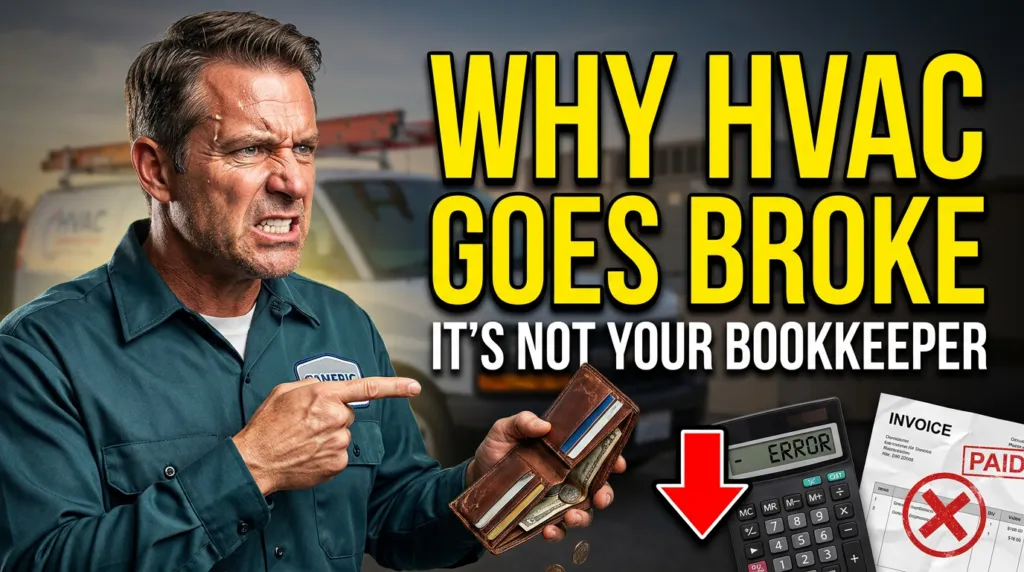 Bold thumbnail with frustrated HVAC contractor and 'WHY HVAC GOES BROKE' text, illustrating HVAC accounting job costing.