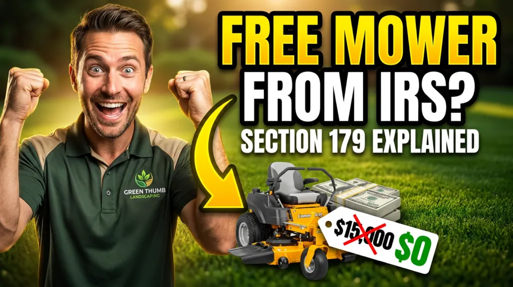Bold thumbnail with excited landscaper and 'FREE MOWER FROM IRS?' text, illustrating depreciation for a landscaping business.