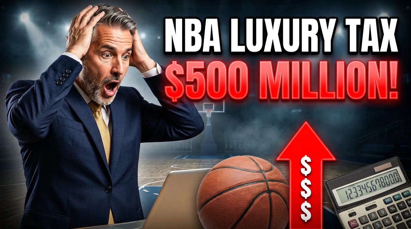 Bold thumbnail with shocked team owner and 'NBA LUXURY TAX $500M' text, illustrating NBA luxury tax accounting.